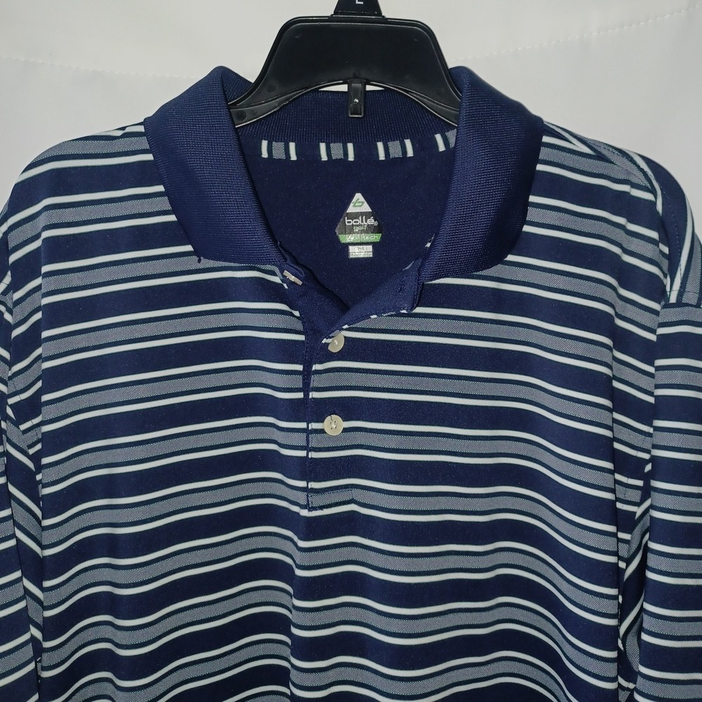 Bolle Golf Mens Navy Blue Striped S/S Polo Shirt M Tech Stretch Moisture Wicking